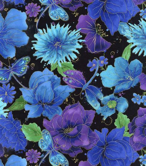 Floral on Black Premium Metallic Cotton Fabric 